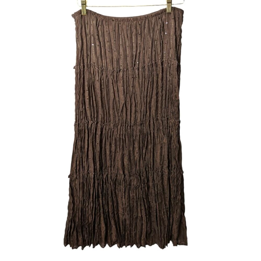 Vintage Y2K Notations Maxi Skirt Brown Crinkle Pleat Metallic Thread with Sequin